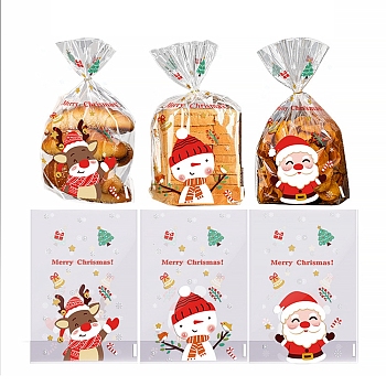 Christams Theme Self-adhesive Plastic Bakeware Bag, with Iron Wire Twist Ties, for Chocolate, Candy, Cookies, Rectangle with Deer & Snowman & Santa Claus, Mixed Color, 236x159x0.1mm, 50pcs/bag