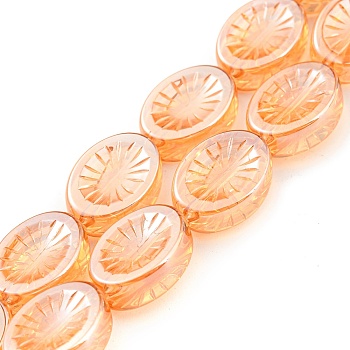 Electroplate Glass Beads Strands, Pearl Luster Plated, Oval with Flower, Orange, 14x10.4x4.8mm, Hole: 1.2mm, about 45pcs/strand, 25.04 inch(63.6cm)