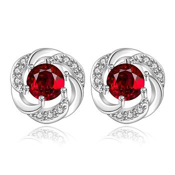 Flower Silver Color Plated Brass Cubic Zirconia Stud Earrings, Red, 10x10mm