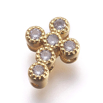 Brass Micro Pave Cubic Zirconia Beads, Lead Free & Cadmium Free, Cross, Clear, Golden, 11x8.5x3.5mm, Hole: 0.8mm