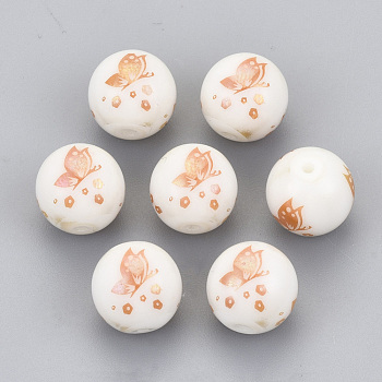Electroplate Glass Beads, Round with Butterfly Pattern, Rose Gold Plated, 10mm, Hole: 1.2mm
