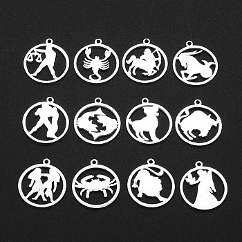 201 Stainless Steel Pendant, Laser Cut, Ring with 12 Constellations, Stainless Steel Color, 20x17.5x1mm, Hole: 1.4mm, 12pcs/set