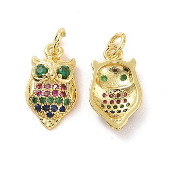 Brass Micro Pave Colorful Cubic Zirconia Pendants, with Jump Ring, Owl Charms, Real 18K Gold Plated, 16x9x3mm, Hole: 3.5mm