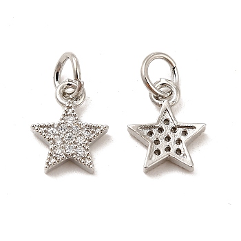 Rack Plating Brass Micro Pave Cubic Zirconia Charms, Long-Lasting Plated, Cadmium Free & Lead Free, with Jump Ring, Star Charm, Platinum, 13x10x2mm, Hole: 4mm