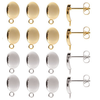 40Pcs 2 Color 201 Stainless Steel Oval Stud Earring Findings, with 304 Stainless Steel Pins & Horizontal Loops & 40Pcs Ear Nuts, Mixed Color, 12x7mm, Hole: 1.6mm, Pin: 0.7mm, 20Pcs/color