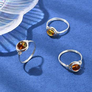 Natural Amber Finger Rings, Round, wth Eco-Friendly Copper Wire for Women, Silver, 10mm, Inner Diameter: 19mm