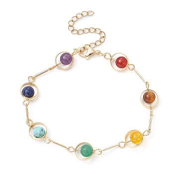 Real 24K Gold Plated Brass Ring & Bar Link Chain Bracelet, Synthetic & Natural Mixed Gemstone Chakra Theme Bracelet, 7-5/8 inch(19.5cm)