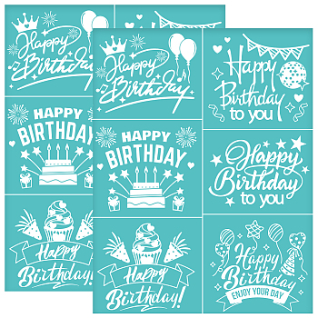 Happy Birthday Theme Self-Adhesive Silk Screen Printing Stencil, for Painting on Wood, DIY Decoration T-Shirt Fabric, Turquoise, Word, 280x220mm