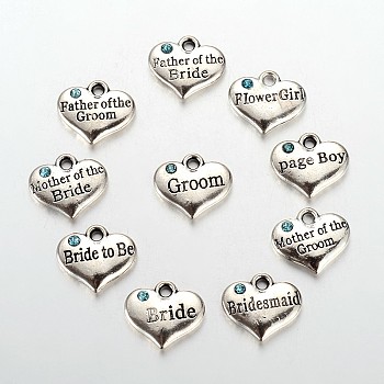 Wedding Party Supply Antique Silver Alloy Rhinestone Heart Carved Word Flower Girl Wedding Family Charms, Aquamarine, 13.5x16x3mm, Hole: 2.5mm, about 10pcs/set