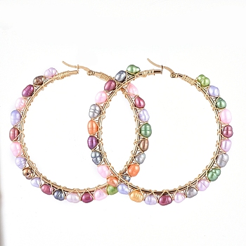 304 Stainless Steel Beaded Big Hoop Earrings, with Natural Pearl Beads, Ring, Golden, 69x5mm, Pin: 0.8mm