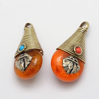 Tibetan Style Teardrop Pendants, with Resin Imitation Beeswax and Antique Golden Brass Findings, Orange, 27x15x11mm, Hole: 4mm