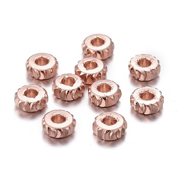 Brass Spacer Beads, Long-lasting Plated, Fancy Cut, Flat Round, Rose Gold, 5x2mm, Hole: 1.8mm