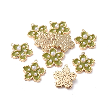 Enamel Pendants, with Brass Findings and Acrylic Pearl, Real 18K Gold Plated, Flower, Olive, 16.5x15x4mm, Hole: 1mm