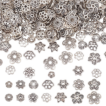 300Pcs 15 Style Tibetan Style Alloy Bead Caps, Flower, Antique Silver, 6~11x3~3.5mm, Hole: 1~2mm, 20pcs/style