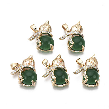 Brass Micro Pave Cubic Zirconia Pendants, with Glass and Brass Snap on Bails, Nickel Free, Real 18k Gold Plated, Gourd, Sea Green, 19x15x6mm, Hole: 2x4mm