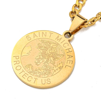 Flat Round with Saint Miller Archangel Pendant Necklaces, 304 Stainless Steel Curb Chain Necklaces, Golden, 23.50 inch(59.7cm)