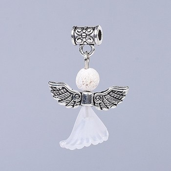 Transparent Frosted Acrylic Flower Pendants, with Tibetan Style Alloy Findings and Natural Dyed Lava Rock Beads, Lovely Wedding Dress Angel Dangle, White, 30~31mm, Hole: 2.8mm