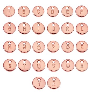 26Pcs Alloy Pendants, Flat Round with Letter A~Z, Rose Gold, 10mm