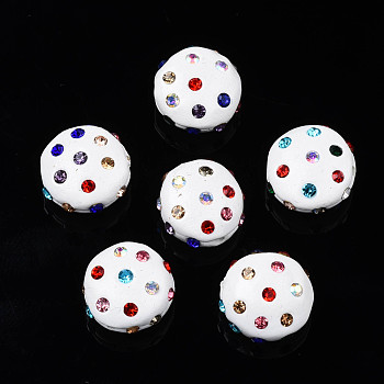 Polymer Clay Rhinestone Beads, Pave Disco Ball Beads, Flat Round, White, 11~12x7mm, Hole: 1.4mm, Rhinestone: pp15(2.1~2.2mm)