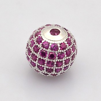 CZ Brass Micro Pave Grade AAA Magenta Color Cubic Zirconia Round Beads, Cadmium Free & Nickel Free & Lead Free, Platinum, 8mm, Hole: 1.7mm