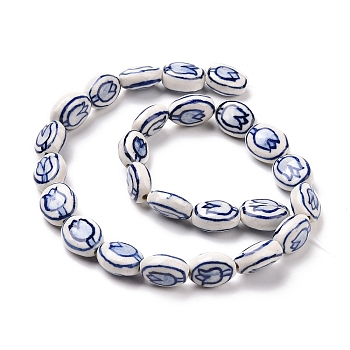 Handmade Porcelain Beads Strands, Blue and White Pocerlain, Oval with Flower Pattern, Dark Blue, 14~15x11~12x6.5~7.5mm, Hole: 1.6~2mm, about 25pcs/strand, 141.73''(360cm)