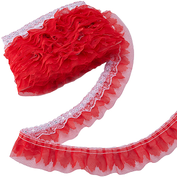 10M Polyester Flower Lace Ribbon with Paillettes, Ruffled Lace Trim for Costume Decoration, Red, 2 inch(50mm)