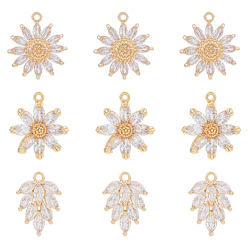 9Pcs 3 Style Brass Micro Pave Cubic Zirconia Pendants, Nickel Free, Daisy & Leaf & Flower, Real 18K Gold Plated, 15~21x11.5~17x4~5.5mm, Hole: 1~1.6mm, 3pcs/style