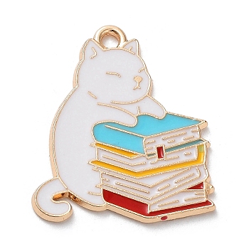 Alloy Enamel Pendants, Light Gold, Cat with Book Charm, White, 26.5x22.5x1.5mm, Hole: 1.8mm