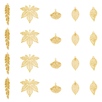 DICOSMETIC 40Pcs 5 Style Rack Plating 304 Stainless Steel Filigree Pendants, Etched Metal Embellishments, Nickel Free, Leaf, Real 18K Gold Plated, 14.5~41.5x9.5~35x0.3~0.4mm, Hole: 1.2mm, 8pcs/style