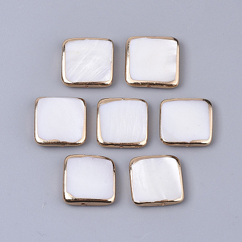 Edge Golden Plated Freshwater Shell Beads, Square, Seashell Color, 14~15x14.5x3mm, Hole: 0.8mm