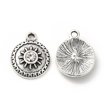Rack Plating Alloy Rhinestone Pendants, with Jump Rings, Flat Round with Sun Charms,Antique Silver, Crystal, 17.5x13.5x4mm, Hole: 1.8mm