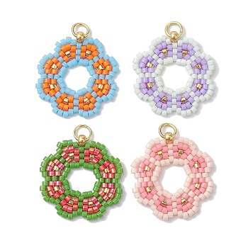 Handmade Seed Beads Pendants, with Elastic Thread, Loom Pattern, Flower, Mixed Color, 23x22x3mm, Hole: 3.4mm