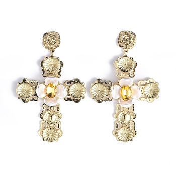 Cross Alloy Dangle Earrings, Glass Rhinestone and Plastic Imitation Pearl Stud Earring for Women, Light Gold, 101mm, Pin: 0.6mm, Cross: 84x63.5x14.5mm