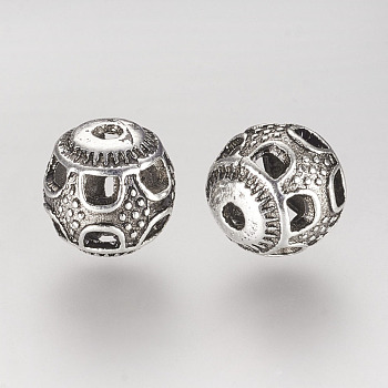 Tibetan Style Hollow Alloy Beads, Round, Antique Silver, 10mm, Hole: 2mm