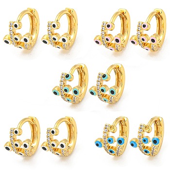 Evil Eye Real 18K Gold Plated Brass Hoop Earrings, with Enamel and Clear Cubic Zirconia, Mixed Color, 11x9mm