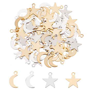 80Pcs 4 Style Brass Charms, Star & Moon, Mixed Color, 10.5x5.5~10x0.5mm, Hole: 1.4mm, 20pcs/style