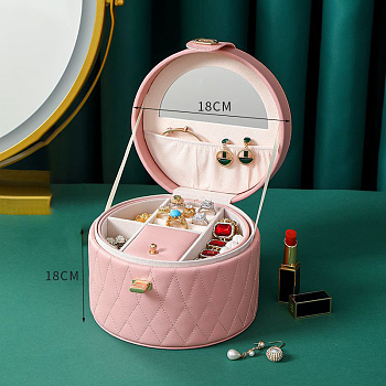 Portable Travel Round Imitation Leather Jewelry Storage Boxes for Earrings Rings Necklaces, Pink, 18x18cm