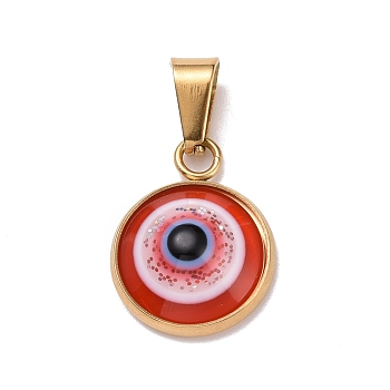 Vacuum Plating Handmade Resin Pendants, with Golden Plated 304 Stainless Steel Findings, Evil Eye, Red, 17x14x4.5mm, Hole: 3.5x7mm