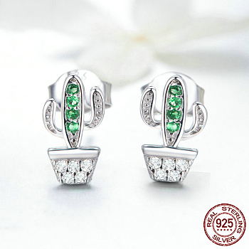 Rhodium Plated 925 Sterling Silver Cubic Zirconia Stud Earrings, with 925 Stamp, Cactus, Real Platinum Plated, 10x6mm