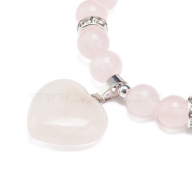 Natural Rose Quartz Round Beaded Stretch Bracelet with Heart Charm(BJEW-JB09019-03)-4