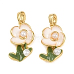 Brass Enamel Pendants, Flower Charms, with Plastic Pearl, Golden, 19.5x11x4.5mm, Hole: 5x2.5mm(KK-H262-20G)
