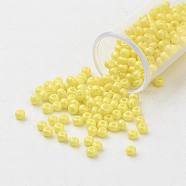 11/0 Grade A Baking Paint Glass Seed Beads, Round, Champagne Yellow, 2.3x1.5mm, Hole: 1mm, about 5300pcs/50g(X-SEED-N001-A-1065)