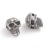 Halloween 304 Stainless Steel Beads, Skull Head, Antique Silver, 13.8x9.5x9mm, Hole: 1.8mm(X-STAS-F237-02AS)