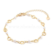 Brass Ring Link Chain Bracelets, with Round Glass Beads and Lobster Claw Clasps, White, Real 18K Gold Plated, 7-5/8 inch(19.5cm)(BJEW-JB06164)
