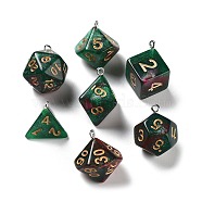 7Pcs 7 Styles Transparent Resin Polyhedral Dice Pendants Set, Pearlized Multi-Sided Dice Charms with Platinum Plated Iron Loops, Mixed Shapes, Green, 20~28x19~24x17~24mm, Hole: 2mm, 1pc/style(RESI-A029-01R)