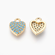 Brass Micro Pave Cubic Zirconia Charms, Heart, Sky Blue, Golden, 9.5x8x2.5mm, Hole: 1.4mm(KK-O106-25G)