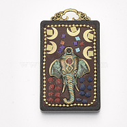 Handmade Indonesia Big Pendants, Wood Settings, with Brass Findings and Alloy Loop, Rectangle with Hindu Elephant God Lord Ganesh Statue, Colorful, 57x32x12mm, Hole: 6x3mm(X-IPDL-S053-214)