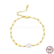 Natural Freshwater Pearls Bead Link Bracelets, with Adjustable 925 Sterling Silver Paperchip Chain Bracelets for Women, with S925 Stamp, Real 14K Gold Plated, 7-1/8 inch(18cm)(BJEW-I314-134)