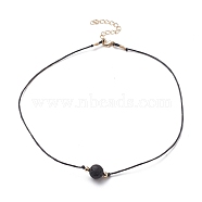 Natural Lava Rock Beaded Necklaces, with Waxed Cotton Cords, Brass Round Beads and 304 Stainless Steel Lobster Claw Clasps, Golden, 15.75 inch(40cm)(NJEW-JN03099-05)