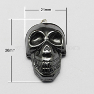 Non-magnetic Hematite Pendants for Halloween, Grade A, with Iron Findings, Skull, Black, 36x21x9mm, Hole: 2mm(G-Q894-6)